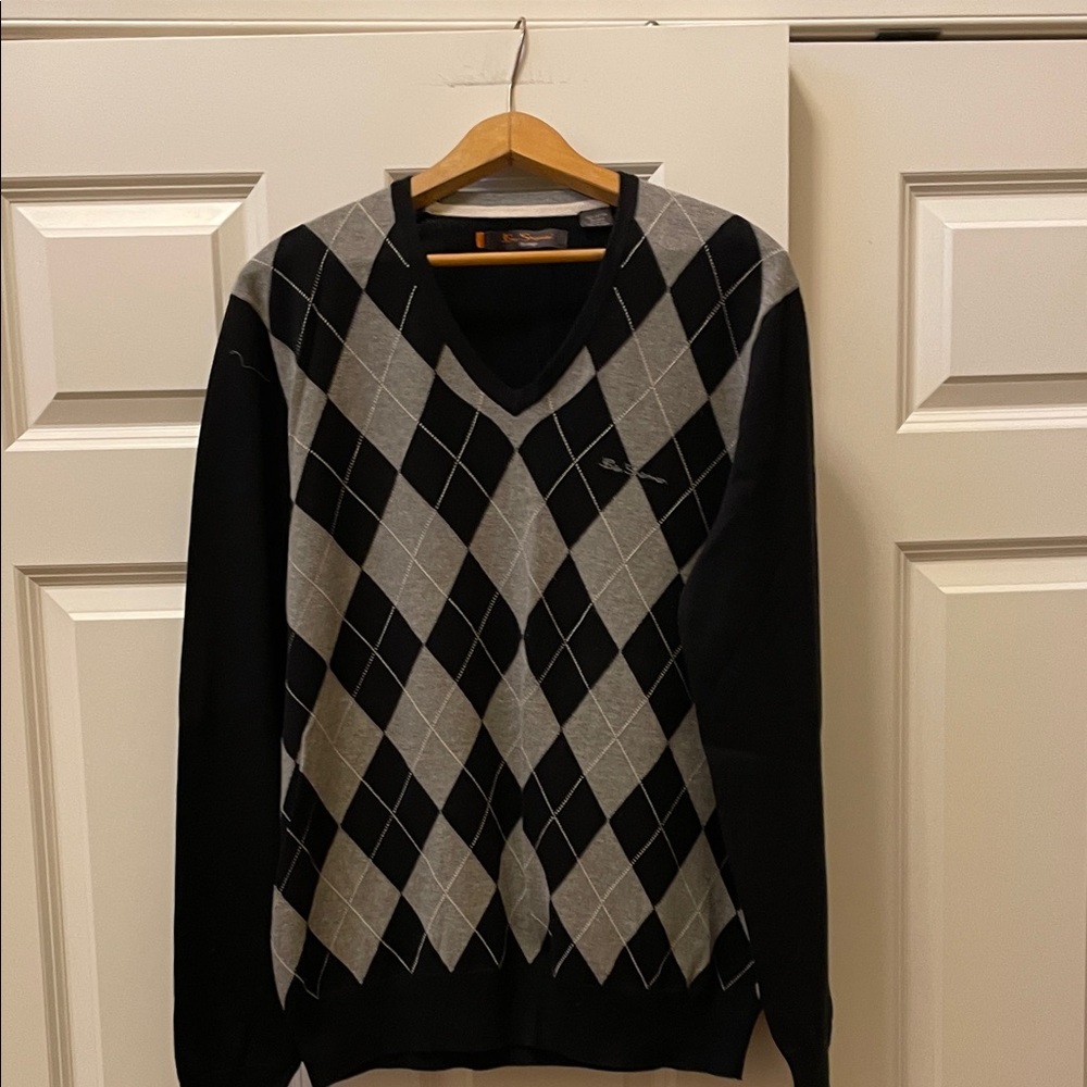 Ben Sherman Black and Gray Argyle V-Neck Sweater
